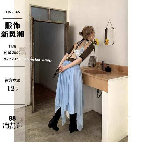 LONSLAN撞色露背绑带连衣裙