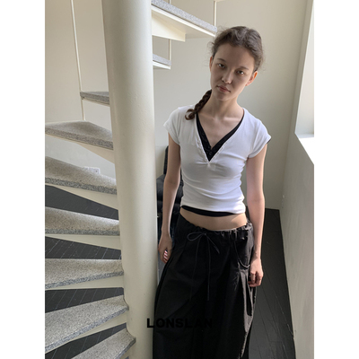 LONSLAN25SUMMER  V领系扣收腰正肩短袖T