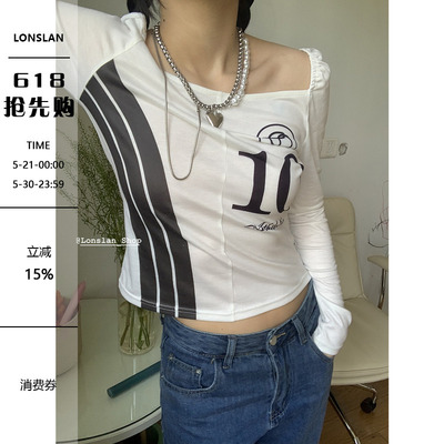Lonslan 自制2021春夏新款设计感大方领简约印花长袖白T恤上衣女