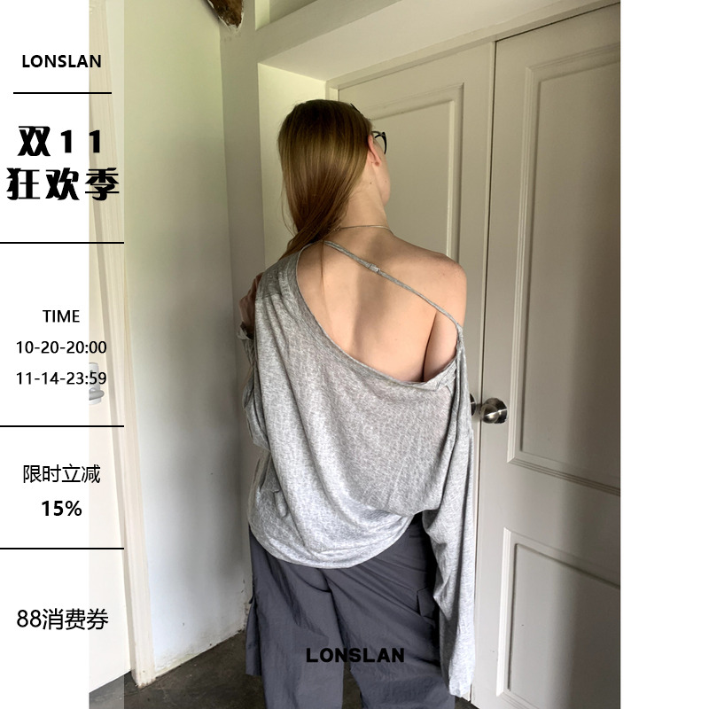 LONSLAN 2025新款小众设计宽松斜边露肩随意慵懒长袖防晒T恤上衣