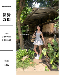 LONSLAN 甜美蕾丝花边收腰显瘦纯欲风蓬蓬茶歇短裙吊带连衣裙 法式