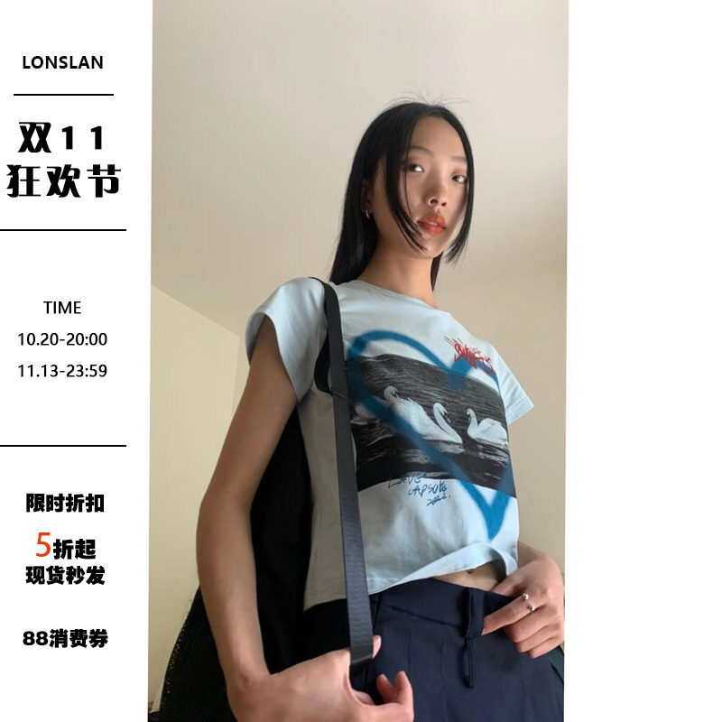 LONSLAN 2022summer 小众简约印花短款短袖T恤女夏季百搭显瘦上衣
