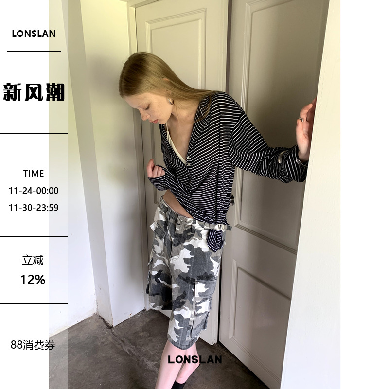 LONSLAN 2024早秋新款条纹系扣大V领慵懒风防晒休闲长袖T恤上衣女