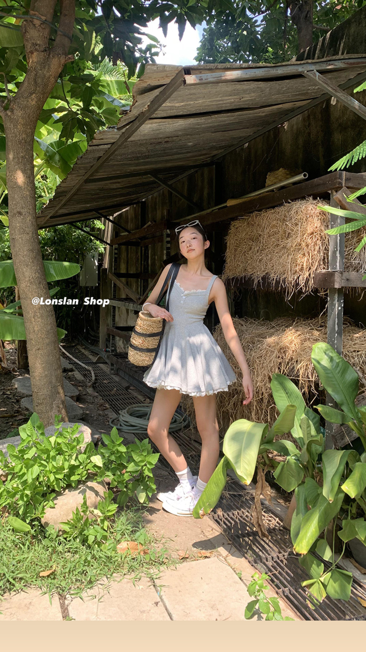 LONSLAN蕾丝花边茶歇吊带连衣裙