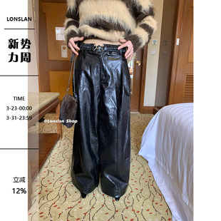 LONSLAN 时髦精松紧腰设计金属扣腰带阔腿皮裤