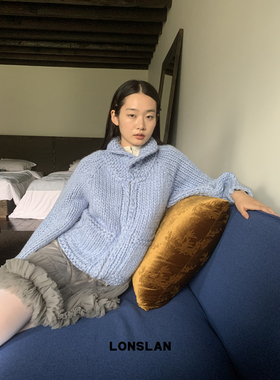 LOSLAN 2024秋冬新款 韩系慵懒风复古粗线手工翻领口袋毛衣外套