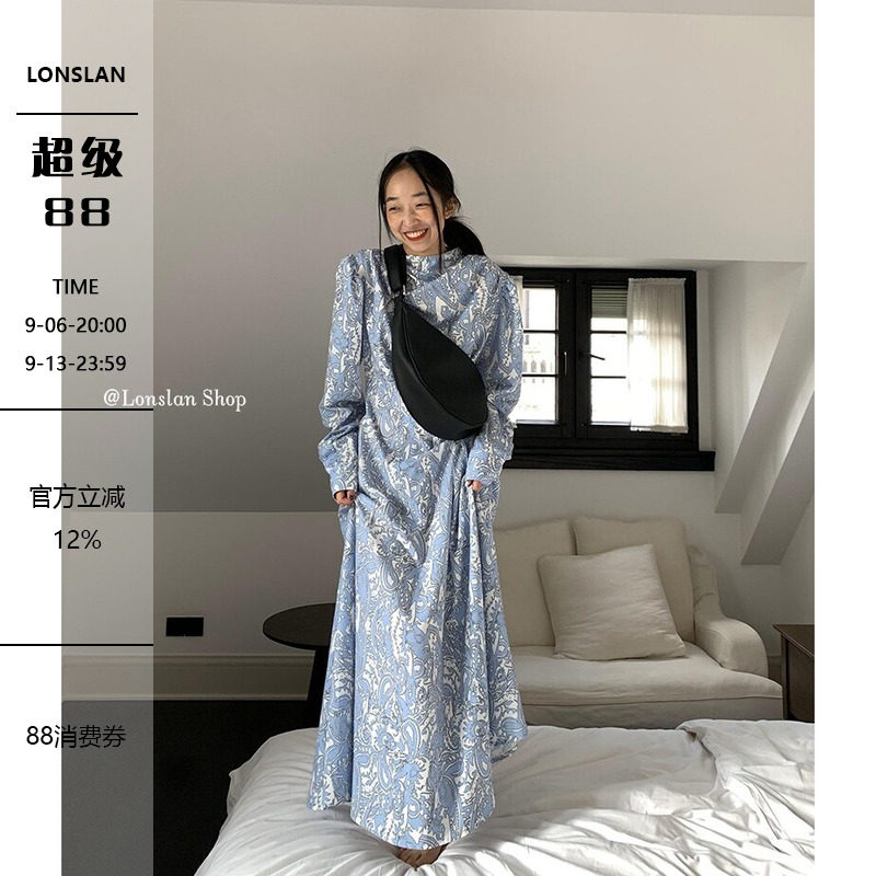 Lonslan复古碎花连衣裙女图片