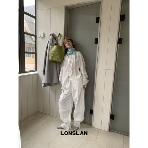 LONSLAN 2026春夏新品抽绳荷叶边娃娃上衣衬衫+绑带抽绳收脚裤