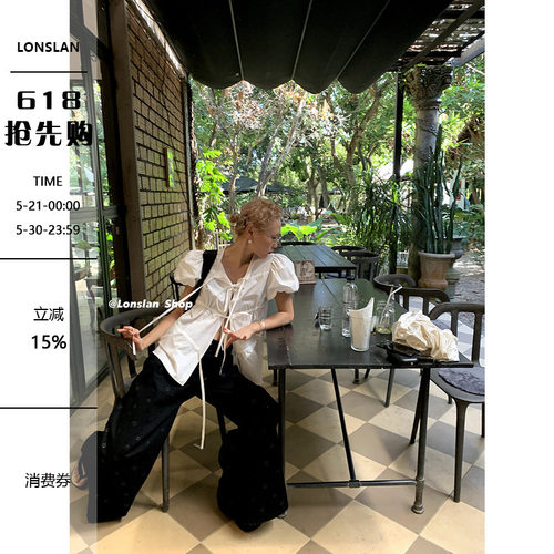 LONSLAN蝴蝶结系带泡泡袖衬衫
