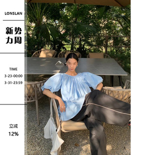 LONSLAN小公主大摆泡泡袖 绑带蓝色衬衫