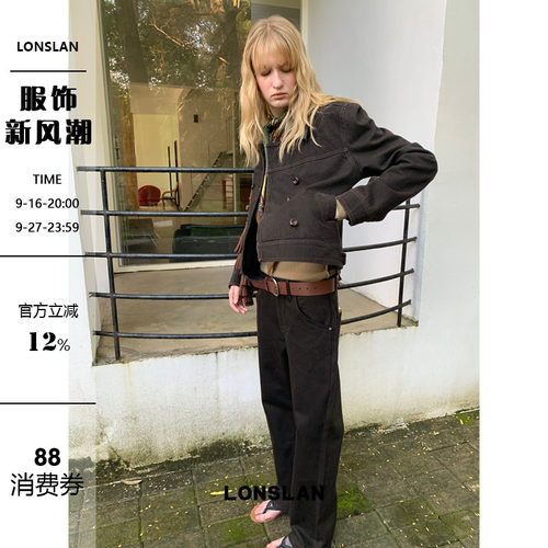 LONSLAN 2026AW双排扣复古深巧色翻领外套+直筒裤套装