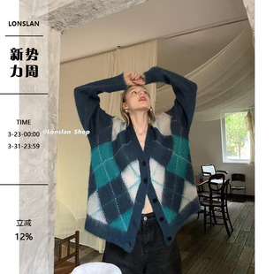 LONSLAN 00NEW拼色菱格马海羊毛开衫 2022