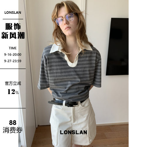 LONSLAN25SUMMER 拼色翻领宽松条纹短袖T