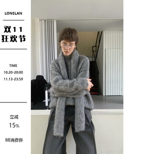 LONSLAN 2024秋冬新款慵懒风宽松羊毛厚实高领毛衣+围巾两件套女