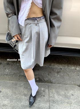 LONSLAN 2024春新款蕾丝边拼接复古灰色百褶半身裙