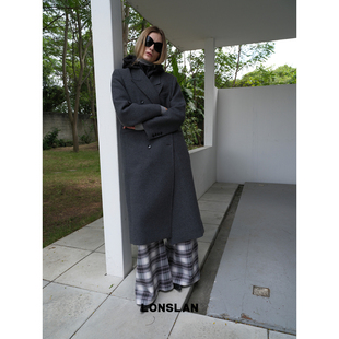 LONSLAN 2024秋冬新款韩系风休闲双排扣直挺毛呢西装长款大衣外套