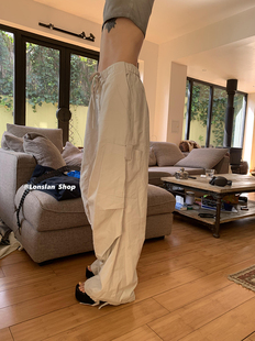 LONSLAN 复古街头个性皱褶抽绳直筒休闲工装裤拖地阔腿裤