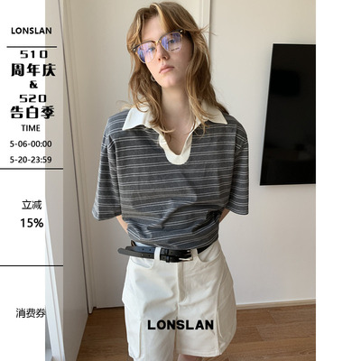 LONSLAN25SUMMER 拼色翻领宽松条纹短袖T