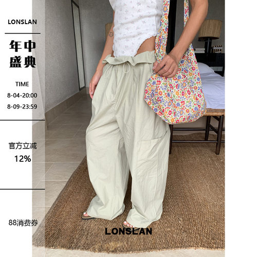 LONSLAN 2026夏季新款抽绳可调节花边腰头口袋薄款工装裤