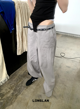 LONSLAN 2024夏季新款复古做旧洗水灰色阔腿低腰牛仔裤