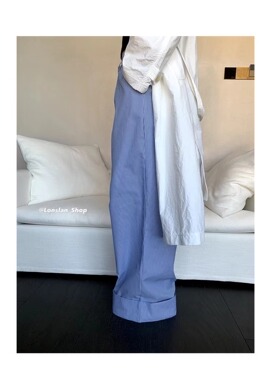 LONSLAN 2024春夏新款浅蓝色百搭竖条纹宽松休闲阔腿裤长裤女
