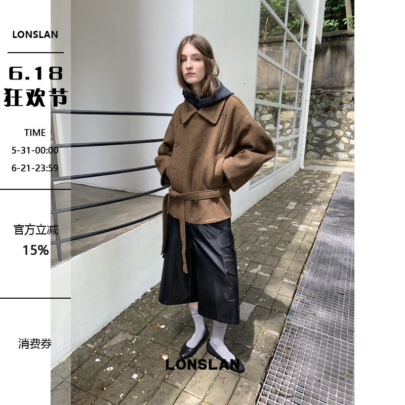 LONSLAN  2025秋季新款 羊毛双排扣呢子中长款大衣腰带外套