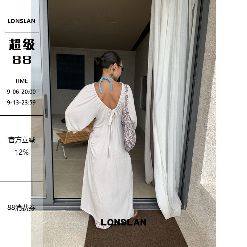 LONSLAN 2026夏季新款米灰色透气长款前后两穿绑带防晒慵懒连衣裙图片