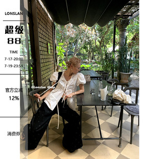 LONSLAN 2026春夏新款甜美蝴蝶结绑带开衫褶皱泡泡袖衬衫上衣女