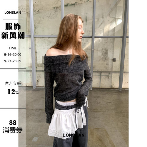 LONSLAN 2024秋季新款一字领多穿兔毛毛长袖上衣