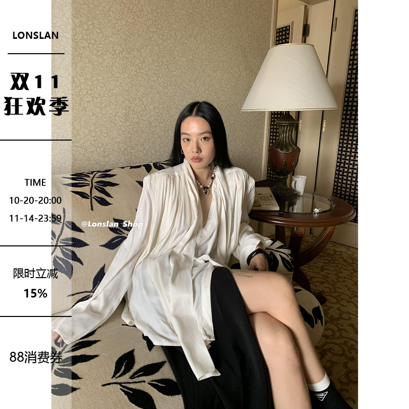 LONSLAN蝴蝶结飘带V口衬衫