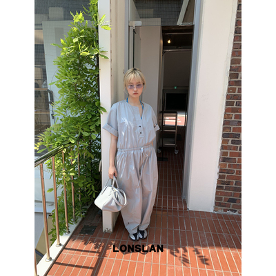 LONSLAN25SUMMER 圆领系扣衬衫收腰连体裤