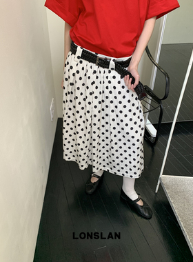 LONSLAN25SUMMER 波点百褶半裙配腰带