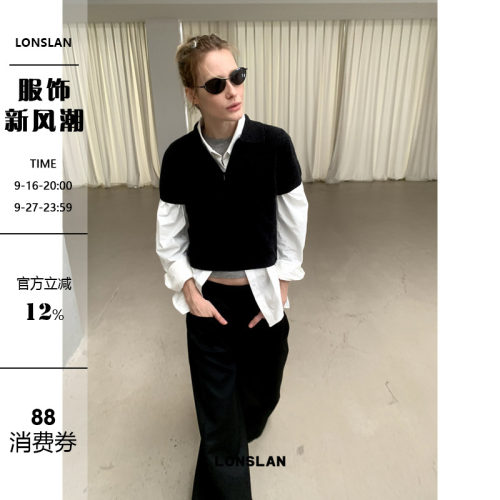 LONSLAN  2024秋季新款拉链羊毛短袖翻领针织短袖