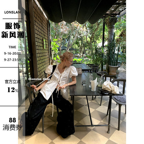 LONSLAN蝴蝶结系带泡泡袖衬衫