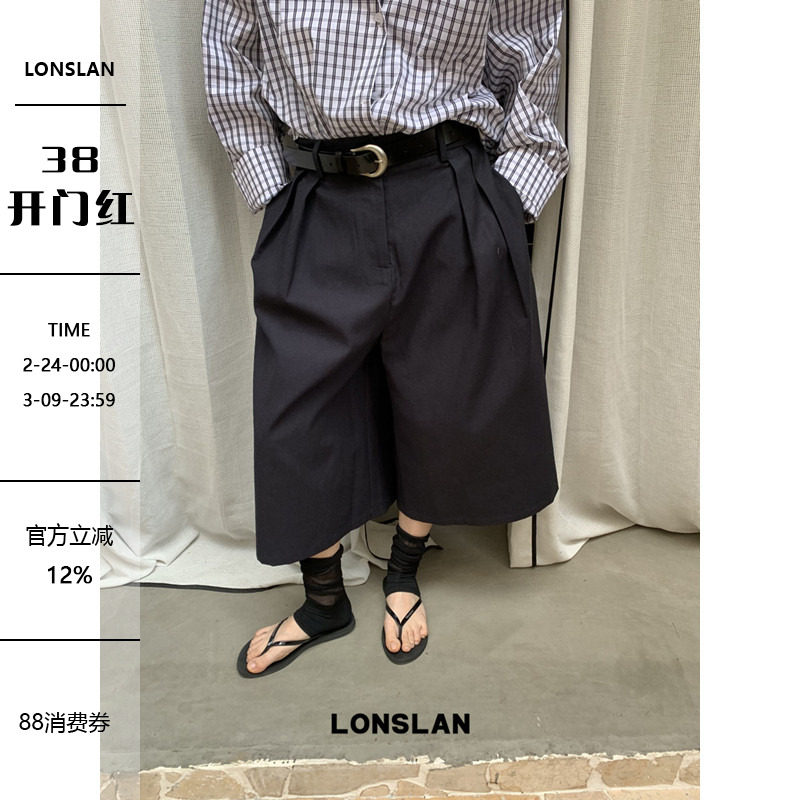 LONSLAN 2025春夏新款 宽松大件显瘦系带阔腿工装休闲七分裤百搭