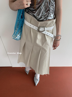 LONSLAN 2023新品米色高腰百褶气质包臀百搭半身裙中裙裙子女