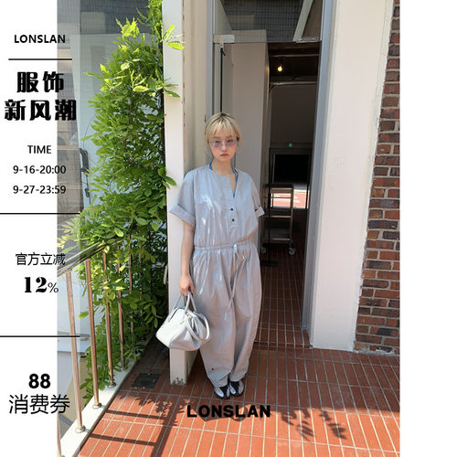 LONSLAN25SUMMER 圆领系扣衬衫收腰连体裤
