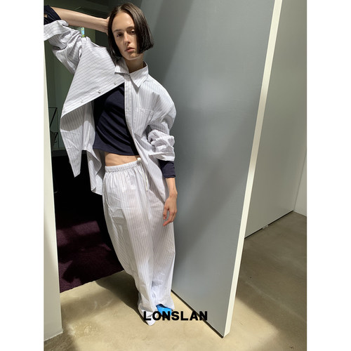 LONSLAN 2026AW 初秋细条纹衬衫+抽绳绑带阔腿条纹裤套装