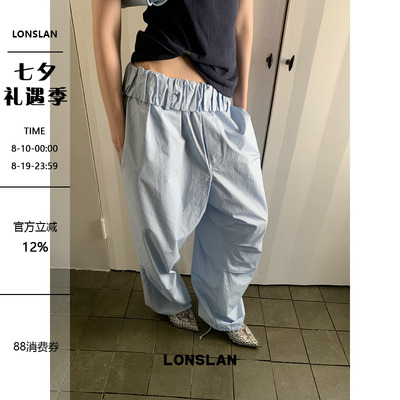 LONSLAN 2026夏季新款宽边腰头浅蓝色阔腿裤裤脚可抽绳