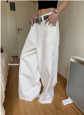 LONSLAN 韩版复古休闲显瘦质感直筒宽松插袋拖地阔腿裤