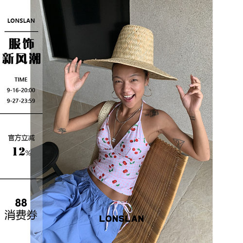 LONSLAN 2026夏季新款粉色格子樱桃挂脖背心泳衣套装