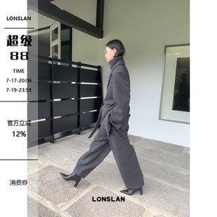 LOSLAN 2024秋冬新款商务休闲羊毛呢子收腰绑带西装+西装裤套装女