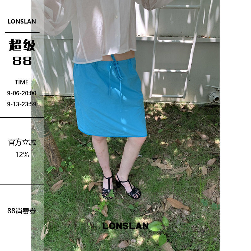 LONSLAN 2026夏季新款蕾丝花边绑带靛蓝色抽绳半裙图片