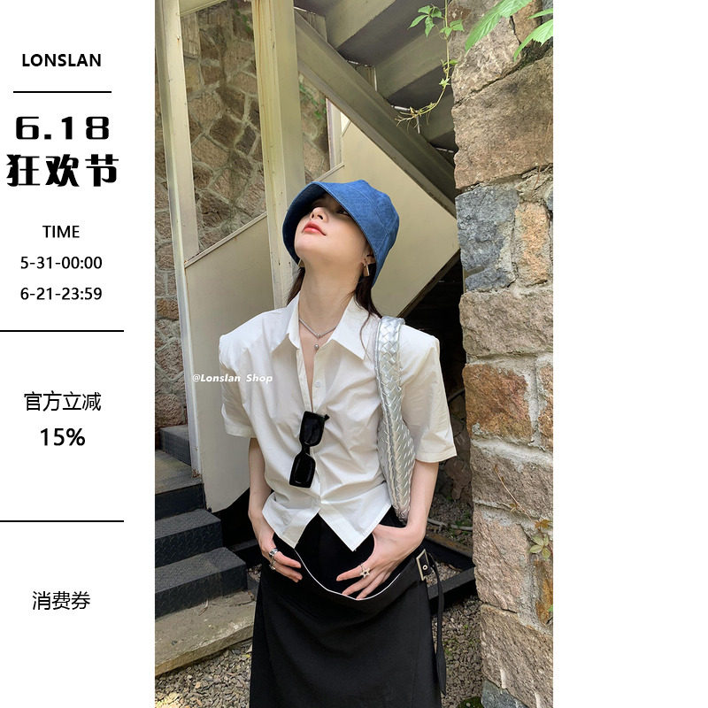 LONSLAN 2022summer小众设计感后背绑带短袖衬衫女款夏季百搭上衣