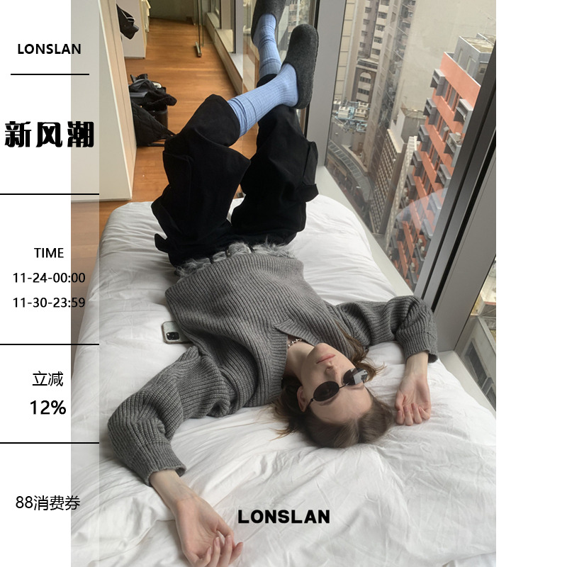 LONSLAN24WINTER 11/30 20:00NEW厚款坑条v领oversize毛衣
