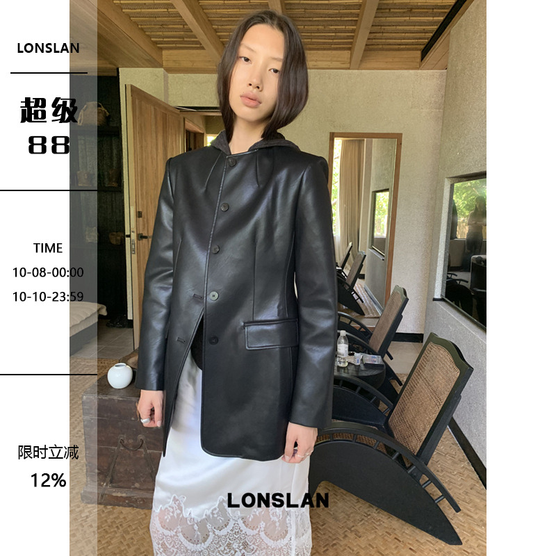 LONSLAN 2025秋季新款 圆领收腰皮衣外套