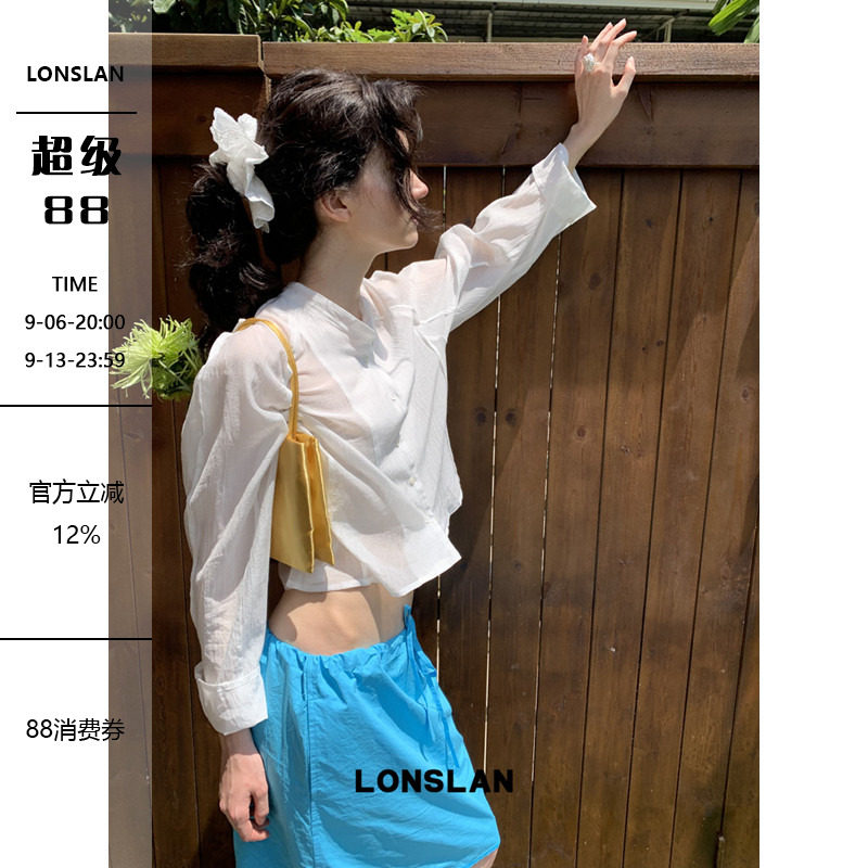 LONSLAN 2026夏季新款棉麻短款立领防晒衬衫配发圈图片