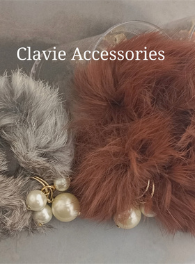 日系人造珍珠串珠大肠圈发圈头绳软fufu水貂毛球棕色灰色秋冬头饰