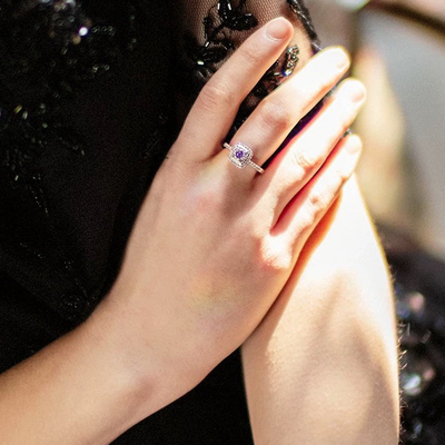 日系轻奢精致高级感925纯银紫色水钻公主方可调节大小开口戒指