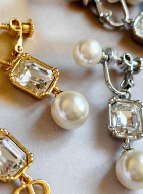 欧美大牌风CD字母人造珍珠枕型方形水钻日常百搭耳钉无耳洞耳夹女